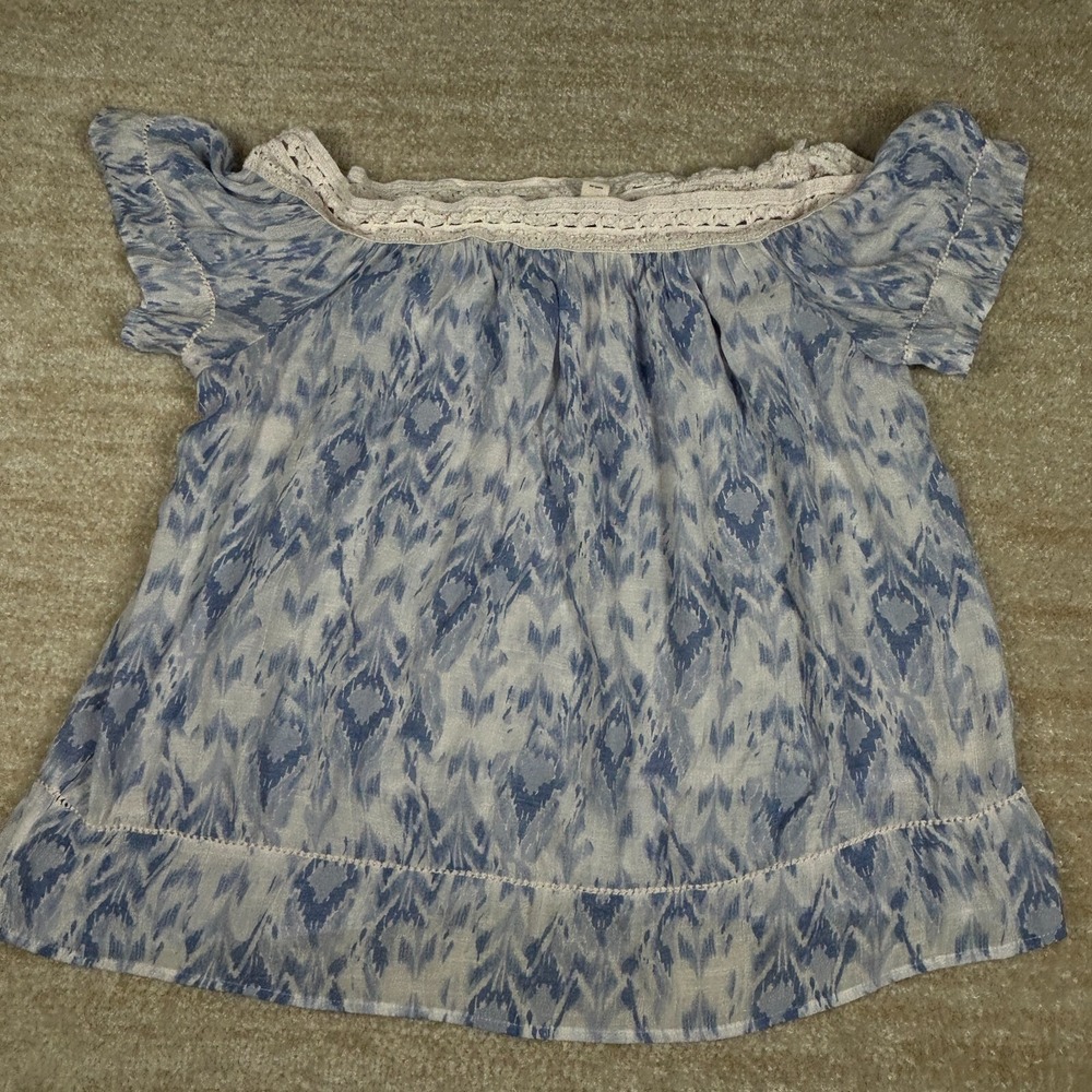 Westbound Petites Blue Ikat Off The Shoulder Crochet Trim Blouse PXL